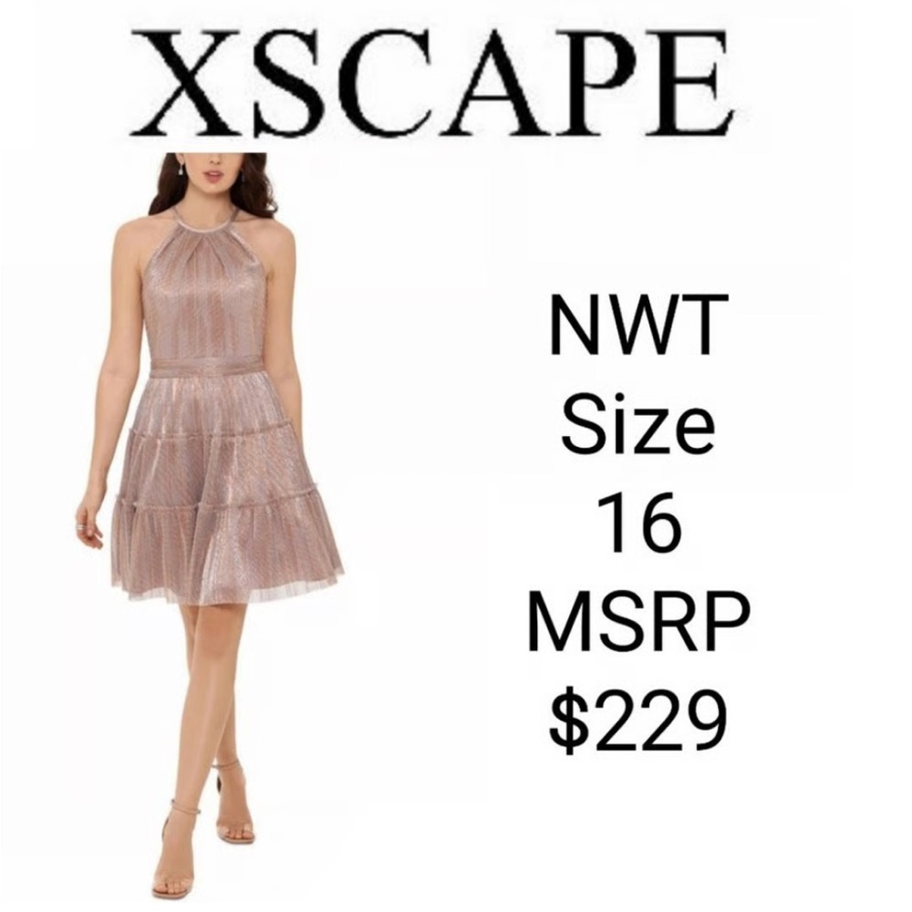NWT Xscape Women's Sleeveless Halter Mini Dress in Metallic Rose-gold Pink | 16